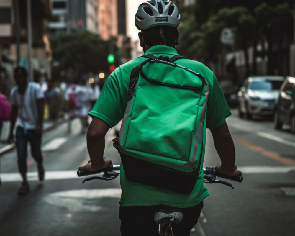 Cycling biker rushes through city traffic motion generated by artificial intelligence