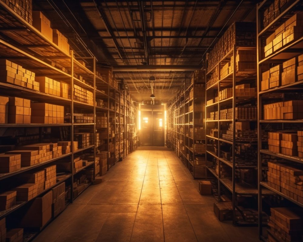 Diminishing perspective of old archive shelves glow generated by artificial intelligence